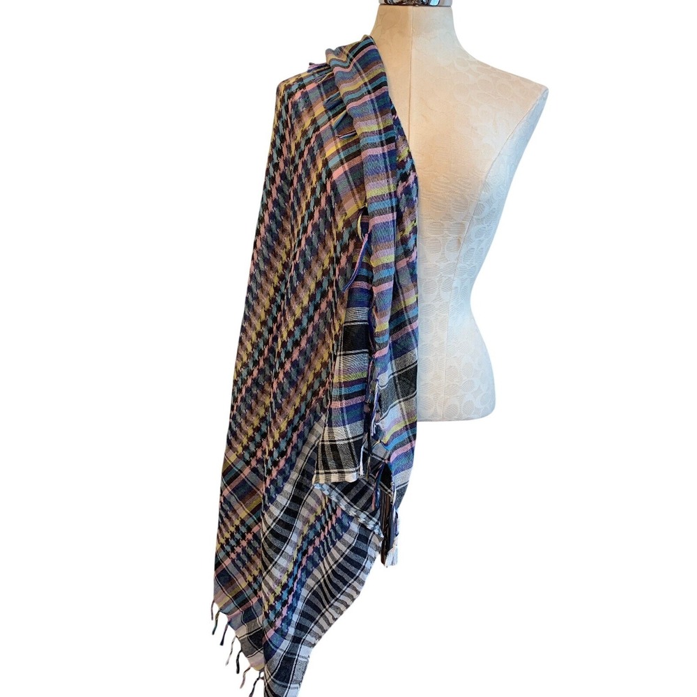 Lightweight Summer Checked Scarf  41" Square Black and Multi-Color